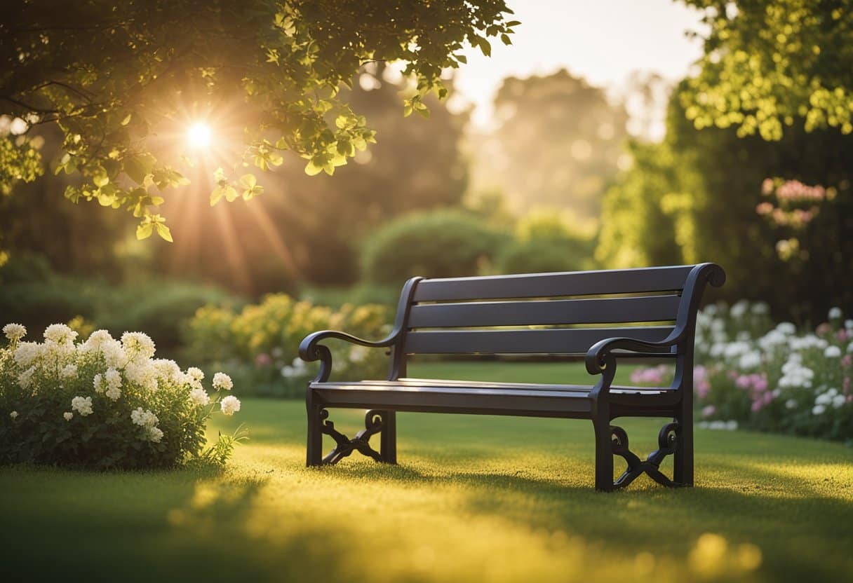 A bench sits in a peaceful garden, adorned with flowers and surrounded by serene nature. The sun shines down, casting a warm glow over the scene