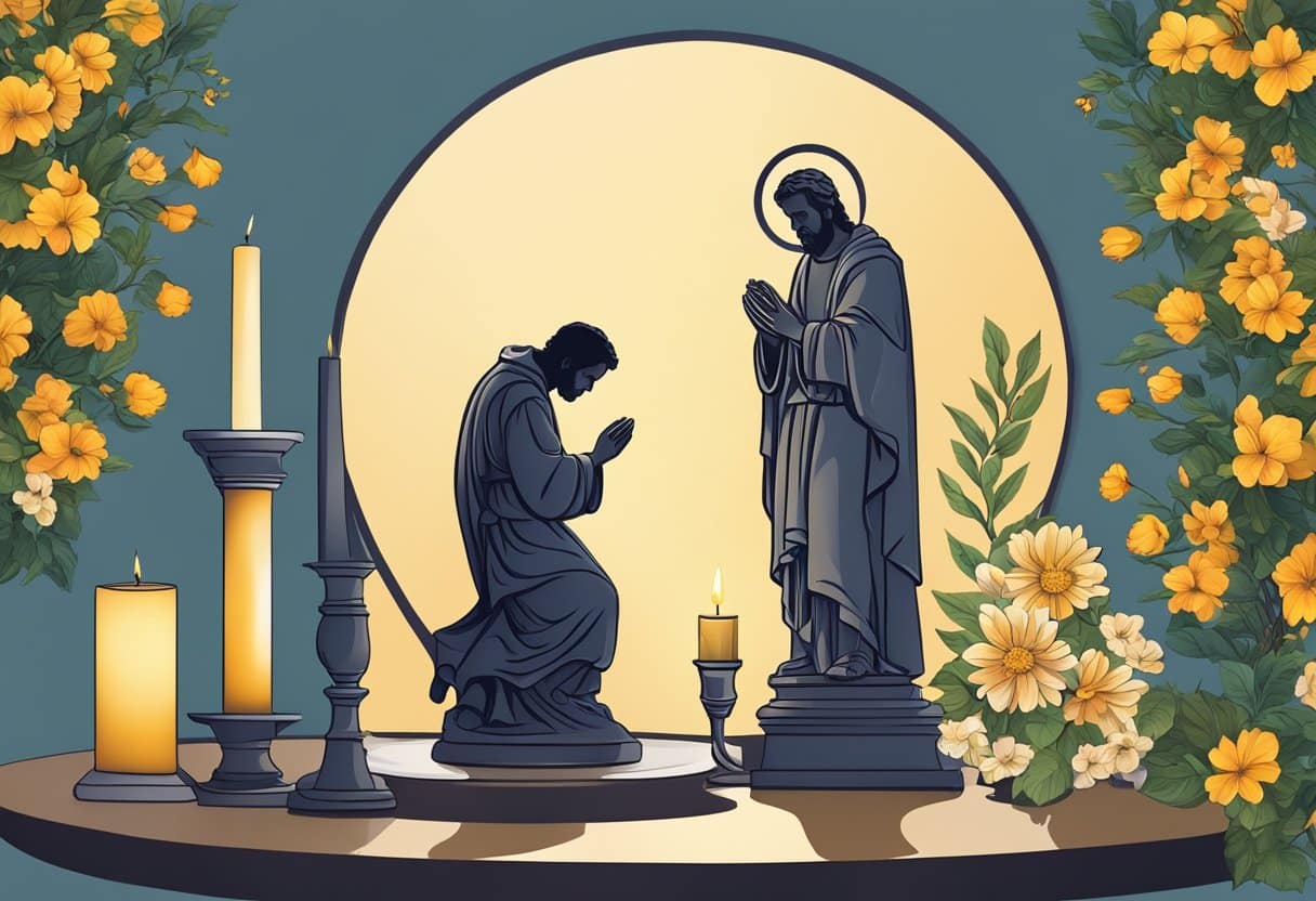 A table set with a candle, flowers, and a statue of St. Joseph. A person's silhouette in prayer