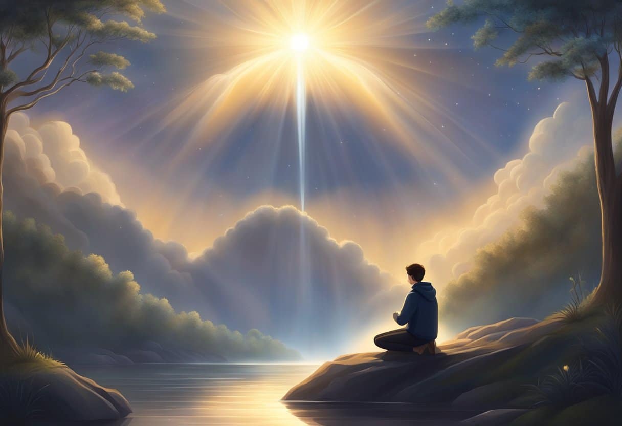 A solitary figure kneels before a glowing heart, surrounded by rays of light. The atmosphere is serene and reverent, with a sense of devotion and dedication palpable in the air