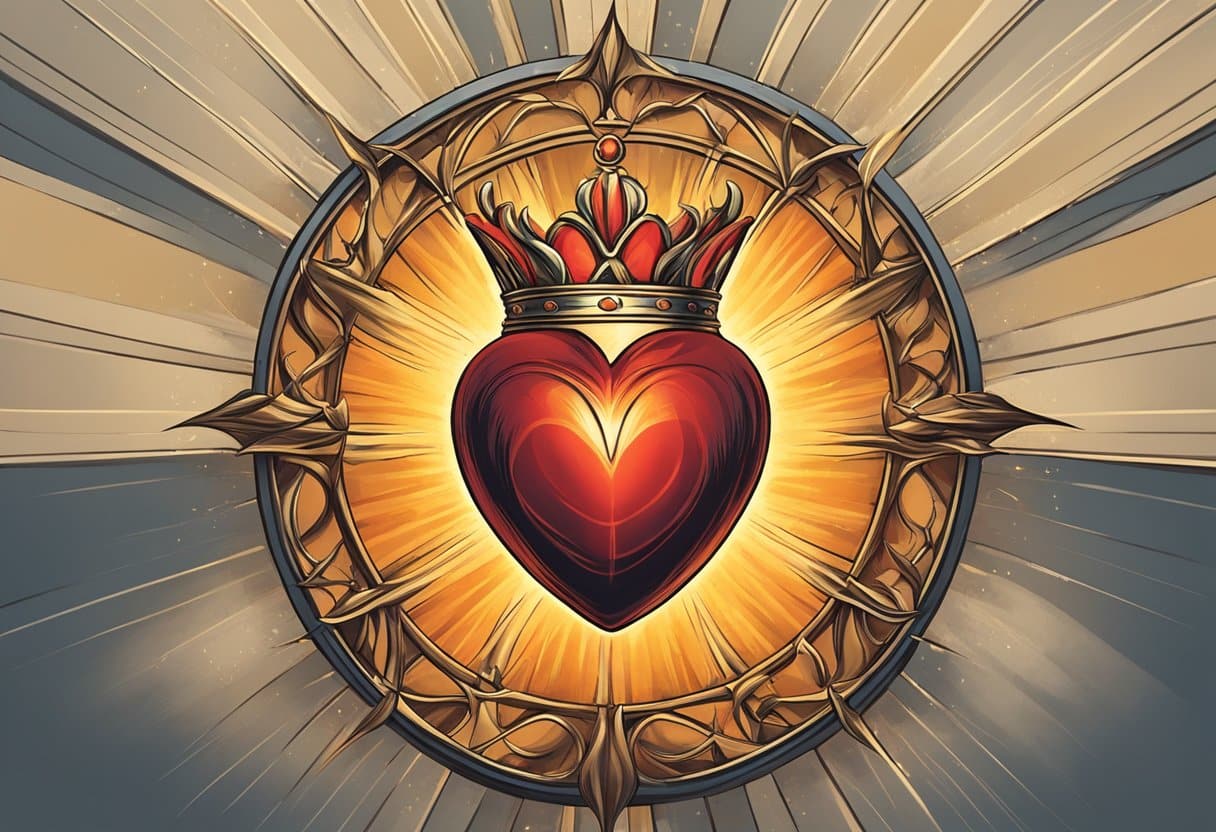 A glowing sacred heart radiates warmth and love, surrounded by rays of light and adorned with a crown of thorns and flames, symbolizing dedication and devotion