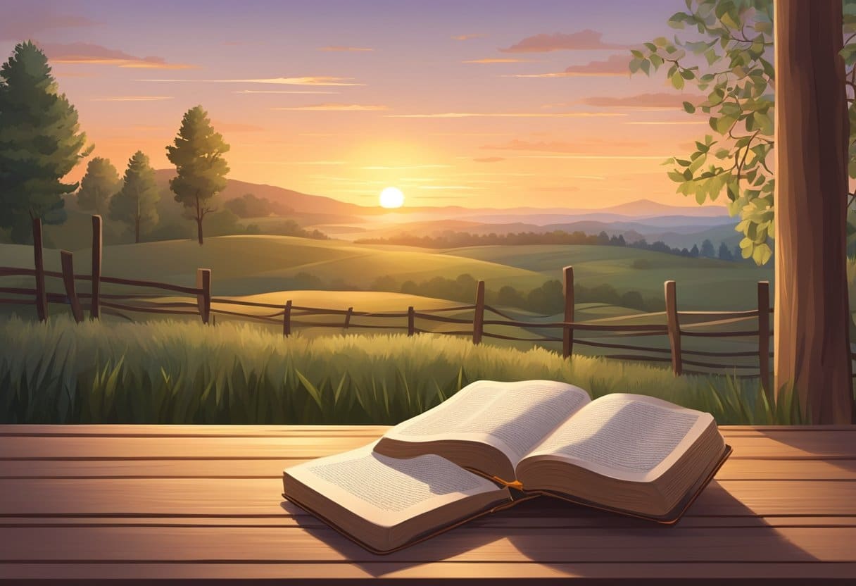 A serene landscape with a peaceful sunset, a gentle breeze, and a comforting presence. A Bible open to verses of comfort lies on a wooden bench