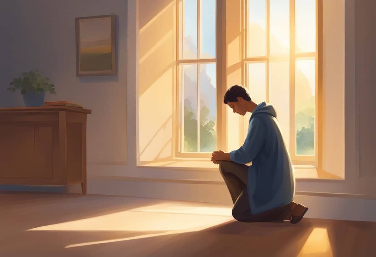 A figure kneels in a peaceful, sunlit space, head bowed in prayer. Rays of light filter through the window, casting a warm, comforting glow