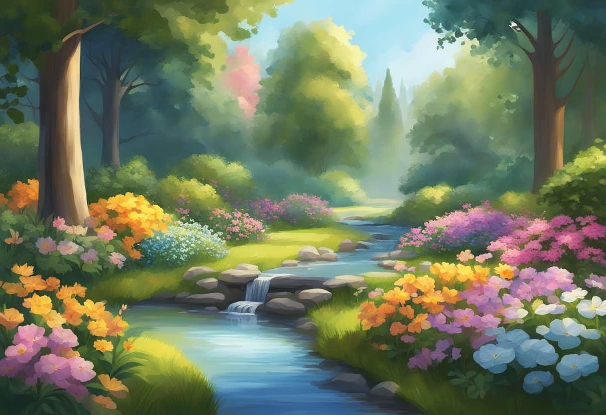 A serene garden with a peaceful stream, surrounded by tall trees and colorful flowers, with a warm, comforting light shining down from above