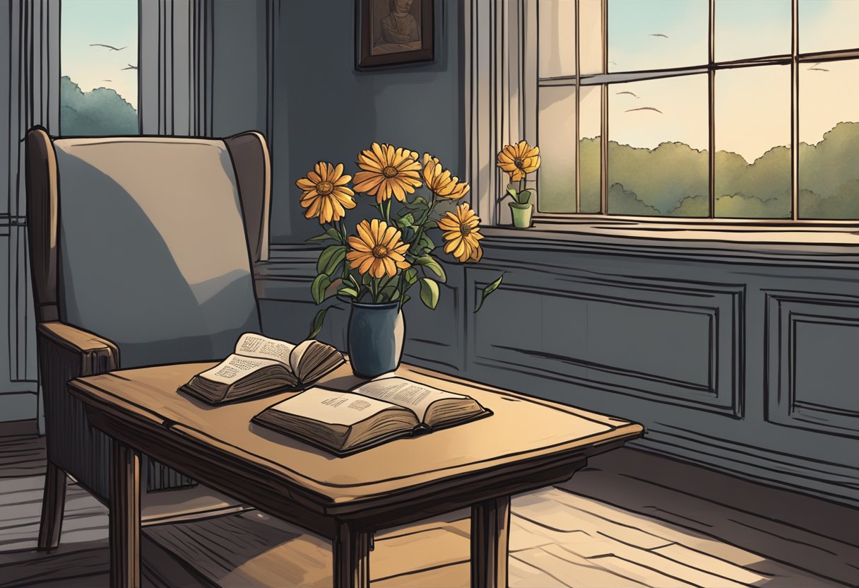 A dimly lit room with a single chair facing a window. A wilted flower sits on a table next to a Bible open to a verse about unexpected death