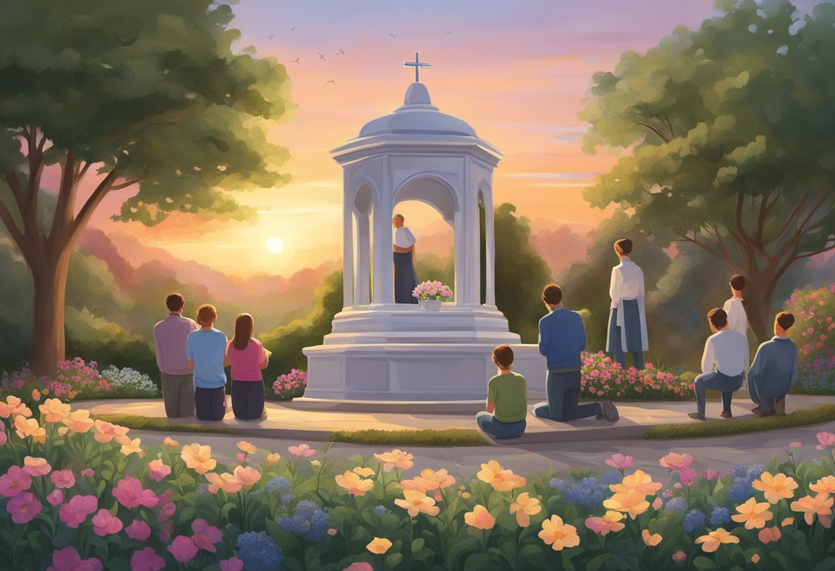 A serene garden with blooming flowers and a peaceful sunset, a family gathered around a memorial, heads bowed in prayer