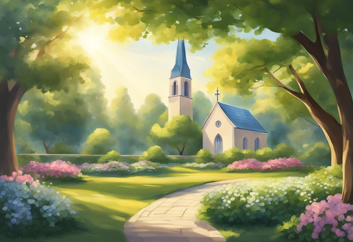 A serene garden with a peaceful atmosphere, where soft sunlight filters through the trees, and a gentle breeze carries the sound of distant church bells