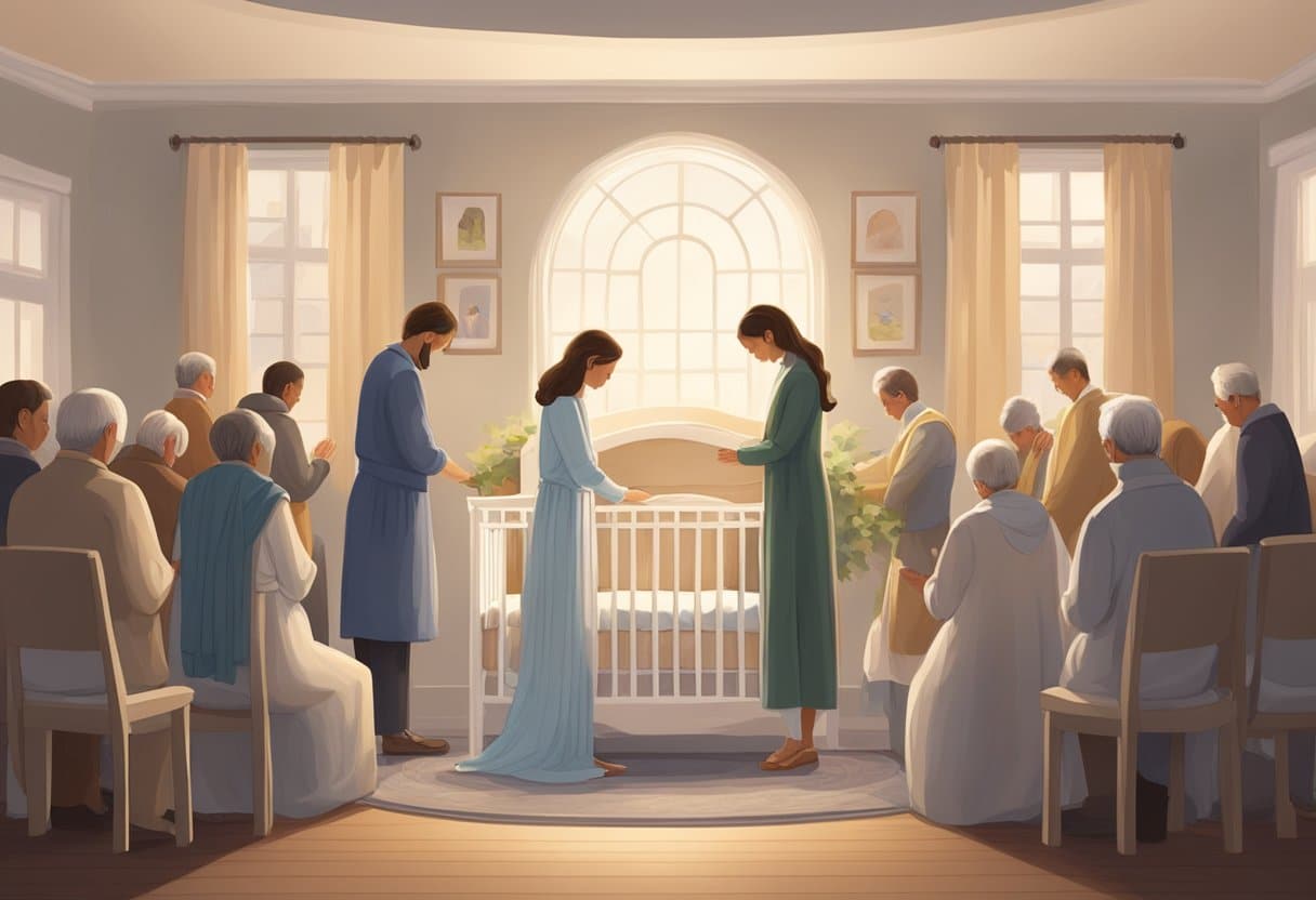 A small white crib sits in the center of a softly lit room, surrounded by a circle of family members holding hands and bowing their heads in prayer