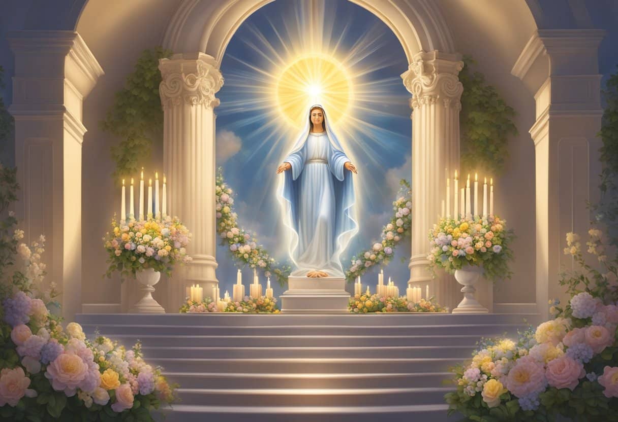 A glowing halo surrounds an altar adorned with flowers, candles, and a statue of the Blessed Virgin Mary. Rays of light stream down from above, illuminating the scene with a sense of divine presence