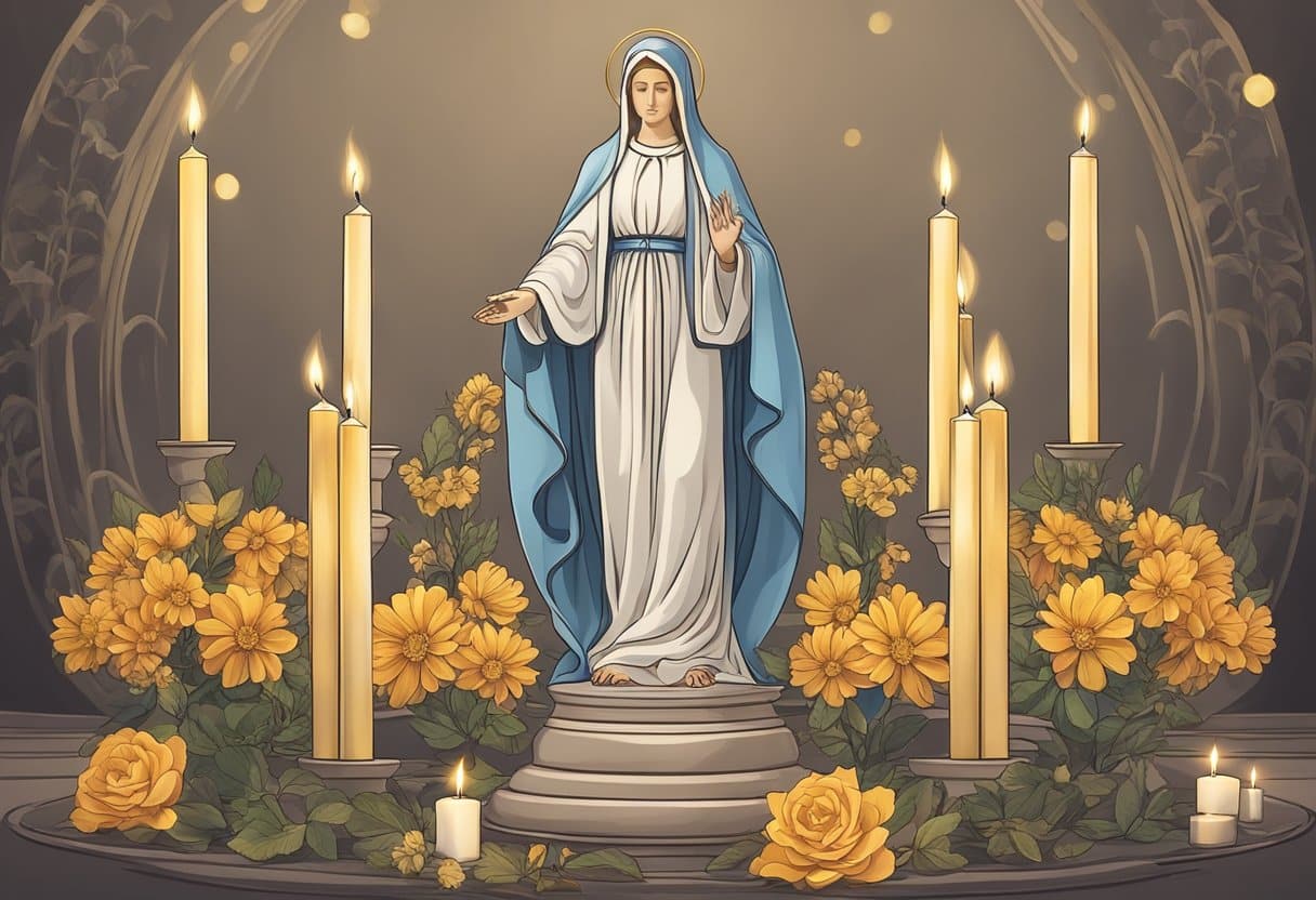 Candles arranged in a circle around a statue of the Blessed Virgin Mary, with incense burning and flowers placed nearby