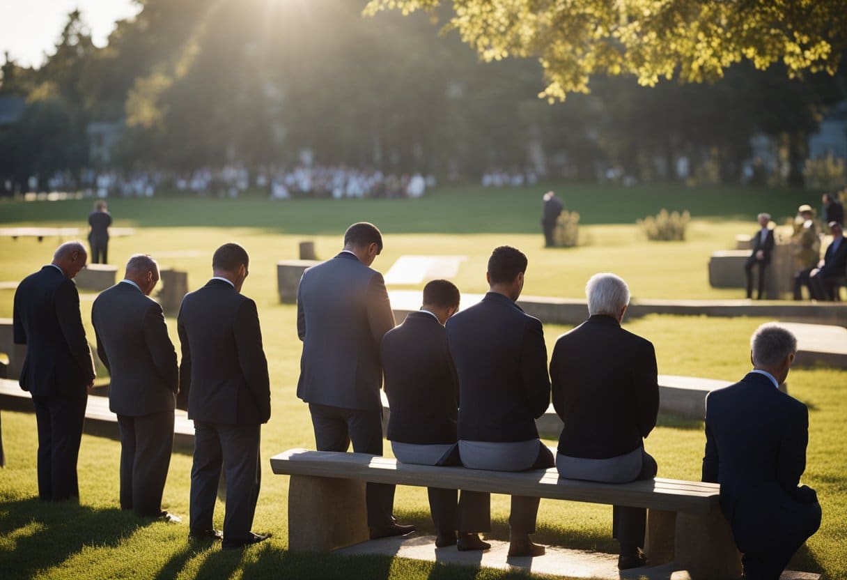 A group of people gather around a newly installed bench, heads bowed in prayer, as a dedication ceremony takes place. The sun shines down, casting a warm glow on the scene